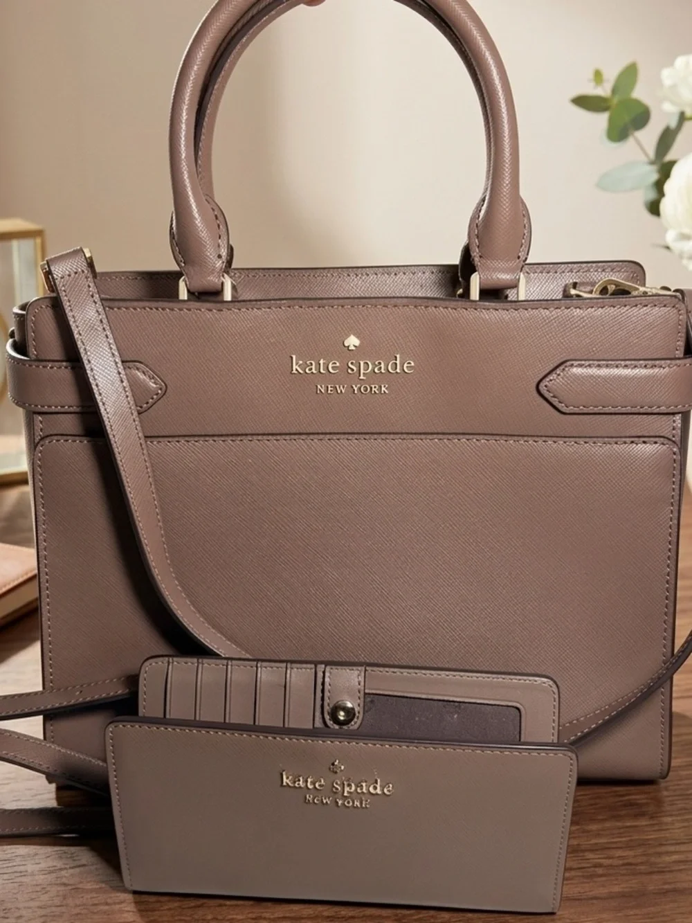 Kate Spade Staci Medium Satchel & Wallet Set Mauve Beige Saffiano